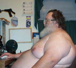really fat guy on computer. the amazon!